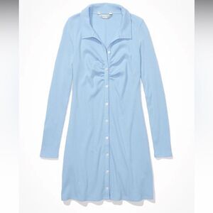 AE XXS-XXL Blue Plunge Knit Ruched Front Long Sleeve Mini Dress
